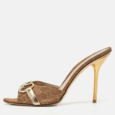 Pre-owned Gucci Gold Gg Supreme Canvas Horsebit Open Toe Slide Sandals Size 39