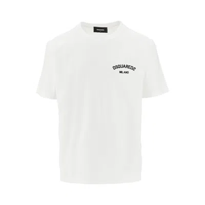 Dsquared2 Men White Crewneck T-shirt With Logo Lettering On The Front In Cotton Man In White