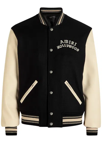 Amiri Mens Hollywood Embroidered-text Wool-leather Blend Bomber Jacket Black Xl