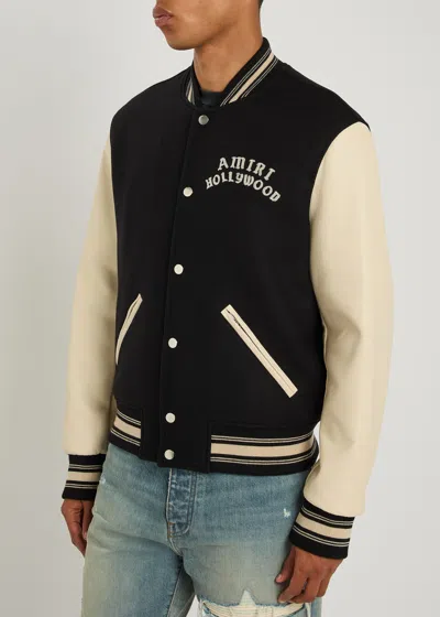 Amiri Mens Hollywood Embroidered-text Wool-leather Blend Bomber Jacket Black Xl