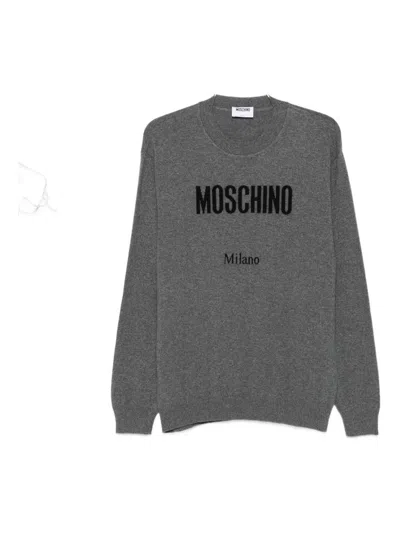 Moschino Ribbed Crewneck Sweater With Cuffs And Hem In Gray