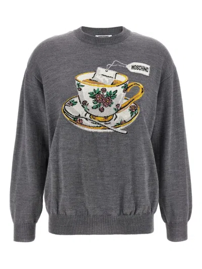 Moschino Crew Neck Graphic Print Intarsia Sweater In Gray