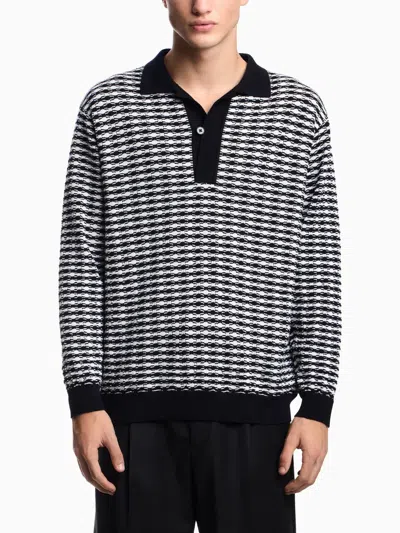 Emporio Armani Icon Virgin-wool Jumper With Polo-shirt Collar And Embossed Knit In Black