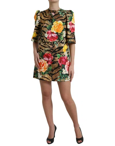 Dolce & Gabbana Multicolor Tiger Floral Print Shift Mini Dress In Brown