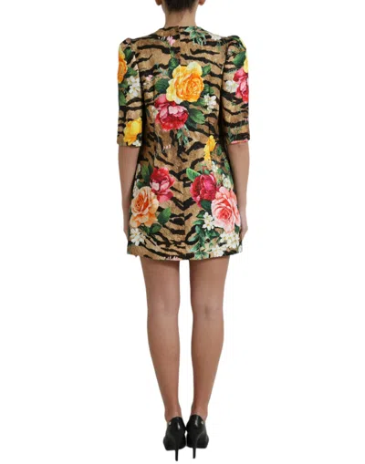 Dolce & Gabbana Multicolor Tiger Floral Print Shift Mini Dress In Brown