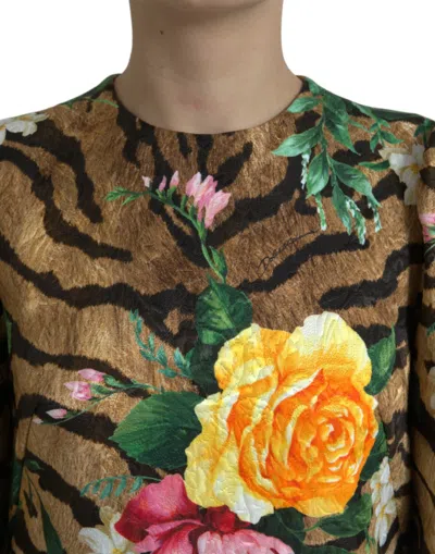 Dolce & Gabbana Multicolor Tiger Floral Print Shift Mini Dress In Brown