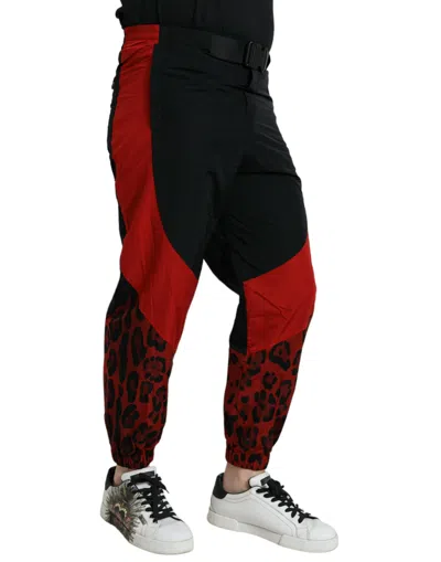 Dolce & Gabbana Black Red Leopard Print Nylon Jogger Men's Pants