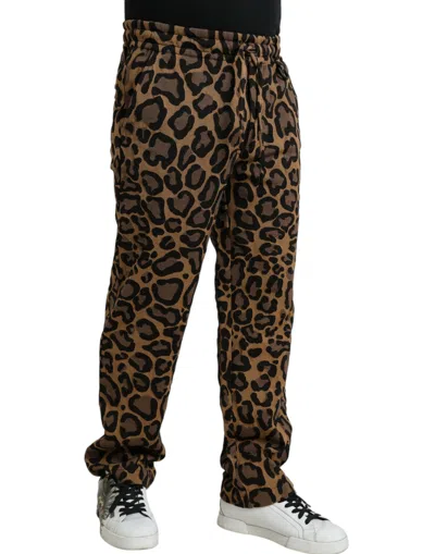 Dolce & Gabbana Brown Leopard Print Polyester Jogger Men's Pants