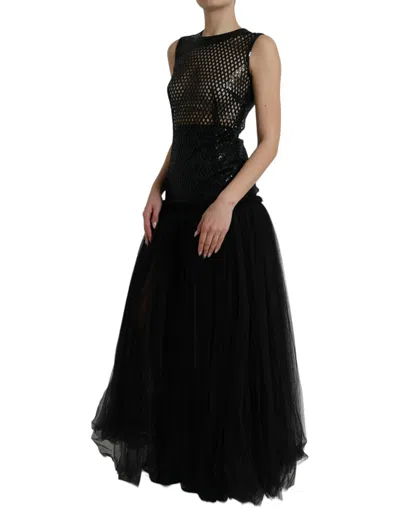 Dolce & Gabbana Black Sequined Sleeveless Mesh Layered Gown Dress In Black