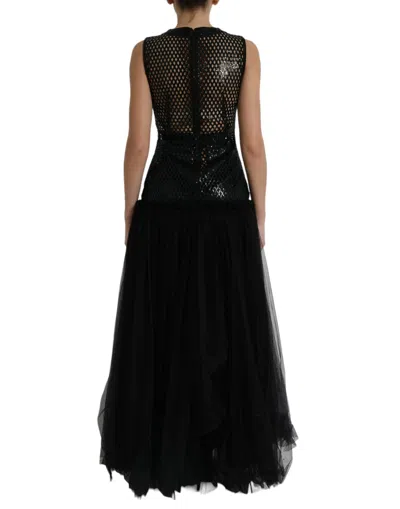 Dolce & Gabbana Black Sequined Sleeveless Mesh Layered Gown Dress In Black