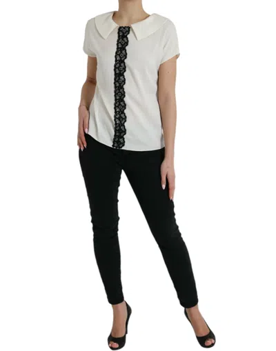 Dolce & Gabbana Elegant Off-white Lace-trim Silk Blouse In White