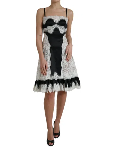 Dolce & Gabbana Black White Lace See Through A-line Sleeveless Dress In Black
