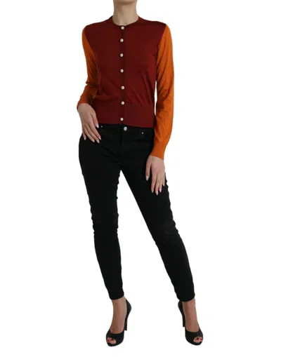 Dolce & Gabbana Multicolor Cardigan Color Block Silk Crewneck Sweater In Orange