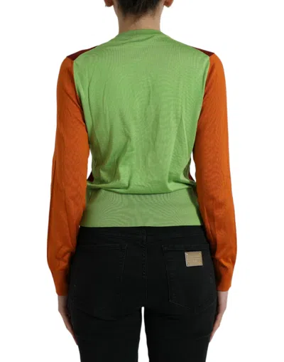 Dolce & Gabbana Multicolor Cardigan Color Block Silk Crewneck Sweater In Orange