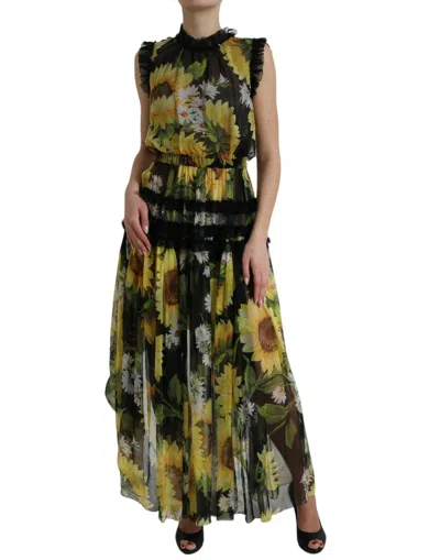 Dolce & Gabbana Black Sunflower A-line Pleated Maxi Dress In Black