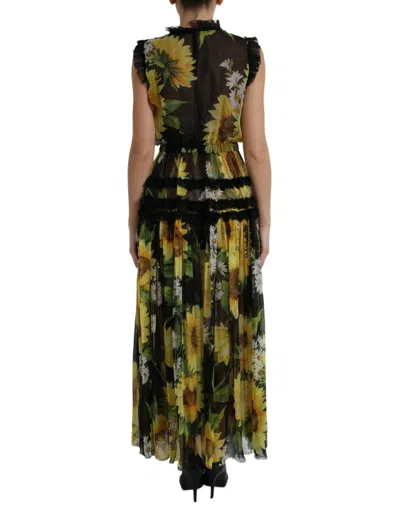Dolce & Gabbana Black Sunflower A-line Pleated Maxi Dress In Black