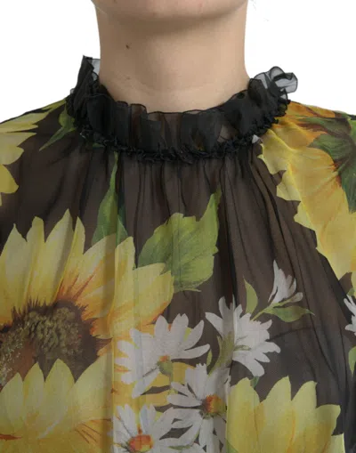 Dolce & Gabbana Black Sunflower A-line Pleated Maxi Dress In Black