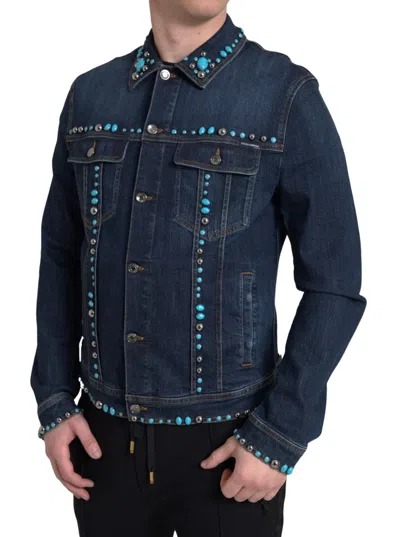 Dolce & Gabbana Blue Denim Turquoise Stones Studded Jacket In Blue