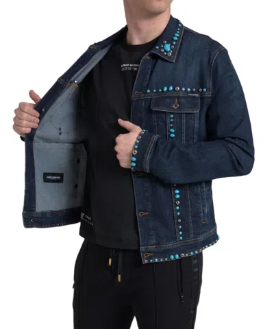 Dolce & Gabbana Blue Denim Turquoise Stones Studded Jacket In Blue