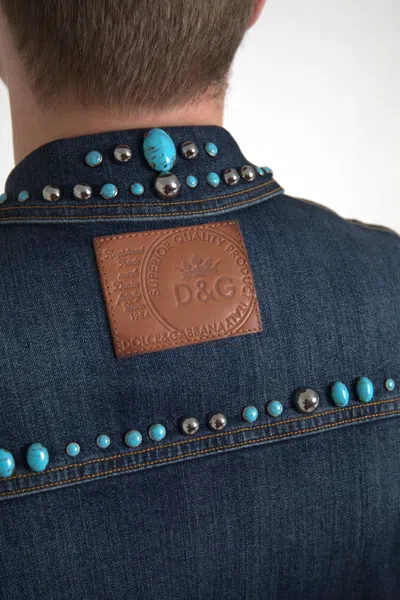 Dolce & Gabbana Blue Denim Turquoise Stones Studded Jacket In Blue