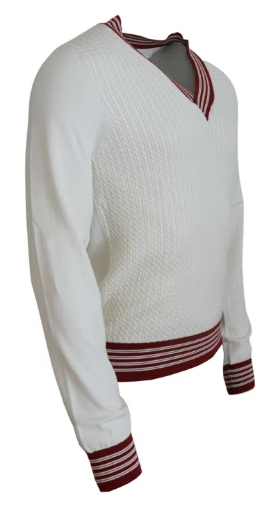 Dolce & Gabbana White Red Knitted V-neck Pullover Sweater In White