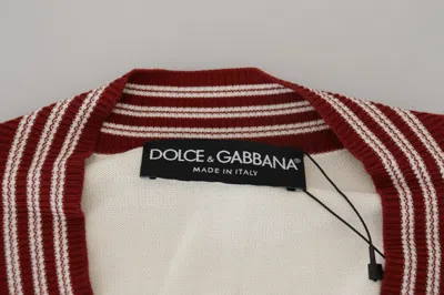 Dolce & Gabbana White Red Knitted V-neck Pullover Sweater In White