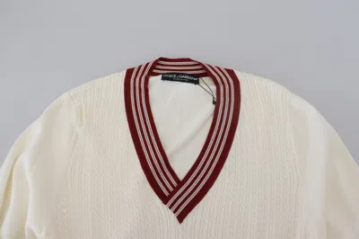 Dolce & Gabbana White Red Knitted V-neck Pullover Sweater In White