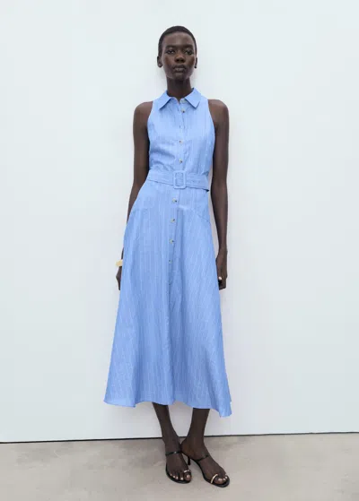 Mango Robe Chemise Lin Mélangé À Rayures Bleu - Femme - M -
