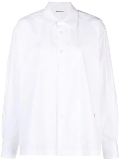 Alexander Wang Button Up Boyfriend Shirt In Compact Cotton With Apple Logo Patch In White