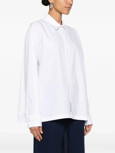Alexander Wang Button Up Boyfriend Shirt In Compact Cotton With Apple Logo Patch In White