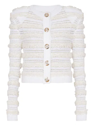 Balmain Tweed Knit Cardigan Featuring Shoulder Pads