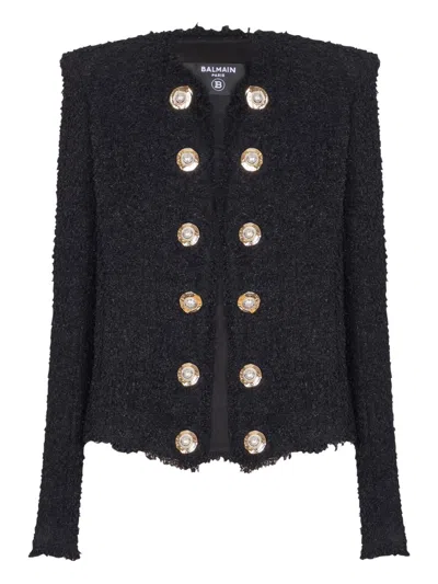 Balmain Tweed Jacket With Frayed Edges And Gold-tone Buttons