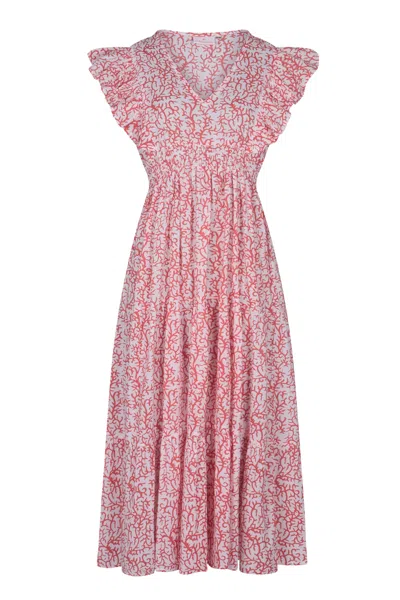 La Mandarine Women's Orange / White Floral Summer Maxi Dress, Frilled Sleeve Cotton Summer Dress With Pockets, Co