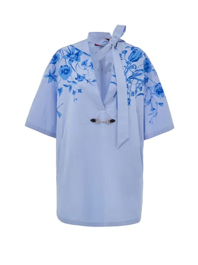 Gucci Midi Dress With Floral Embroidery And V-neckline In Blue