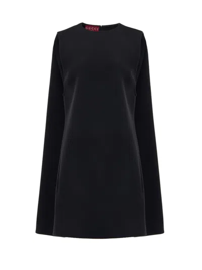 Gucci Wool Crew Neck Mini Dress With Long Sleeves In Black