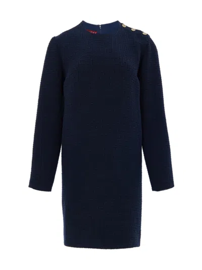 Gucci Blue Boucle Dress With Logo Buttons  In Blue