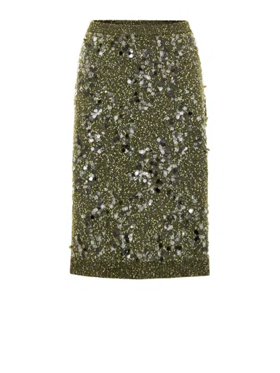 Gucci Green Military Knit Skirt With Sequins