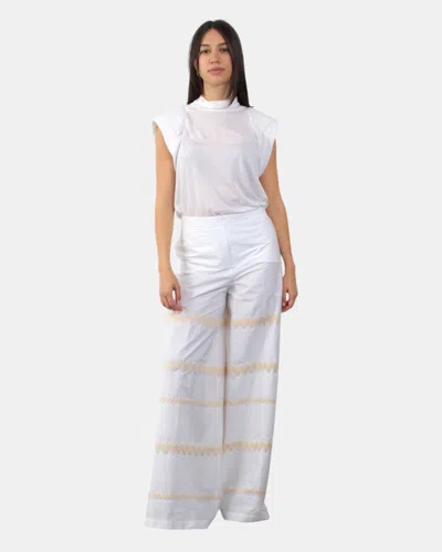 Liviana Conti Trousers With Zig Zag Embroidery In Cotton In White