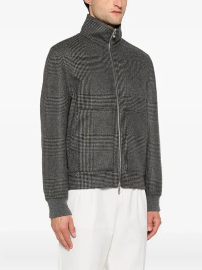 Brunello Cucinelli Check-pattern Zip-up Bomber Jacket In Gray