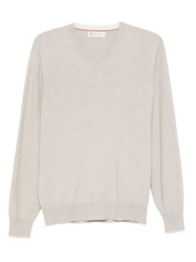 Brunello Cucinelli V-neck Cashmere Sweater In Neutral
