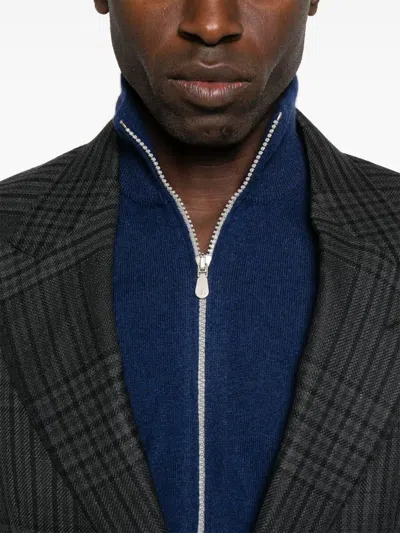 Brunello Cucinelli Cashmere High Neck Zip Cardigan In Blue