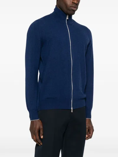 Brunello Cucinelli Cashmere High Neck Zip Cardigan In Blue