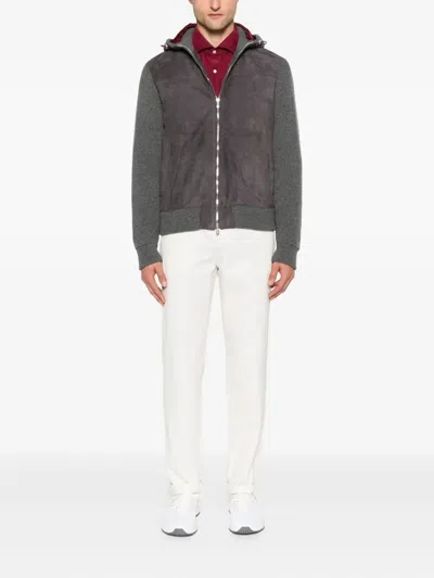 Brunello Cucinelli Grey Suede And Knit Hooded Jacket In Gray