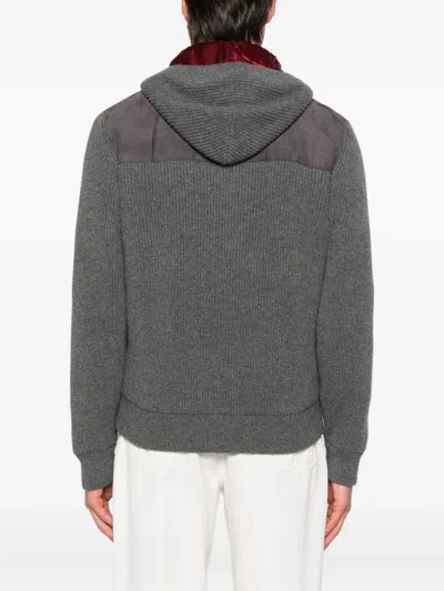 Brunello Cucinelli Grey Suede And Knit Hooded Jacket In Gray