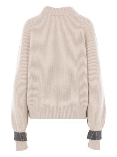 Brunello Cucinelli Ribbed Embellished-cuff Sweater In Nude