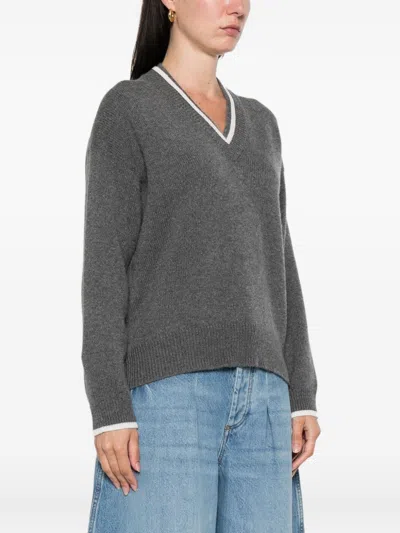 Brunello Cucinelli Ribbed Cashmere V-neck Sweater With Contrast Trim In Gray