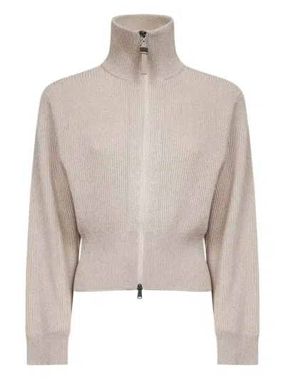 Brunello Cucinelli Beige Sparkling Knit Zip-up Cardigan