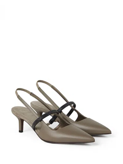Brunello Cucinelli Grey Nappa Leather Shiny Strap City Slingback