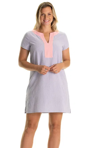 Duffield Lane The Shortie Kai Caftan In Neon Coral & Blue Seersucker