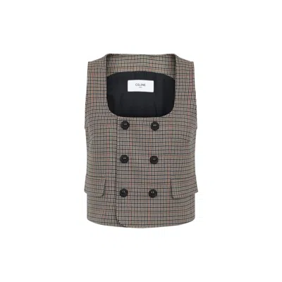 Celine Checked Wool Double-breasted Sleeveless Jacket